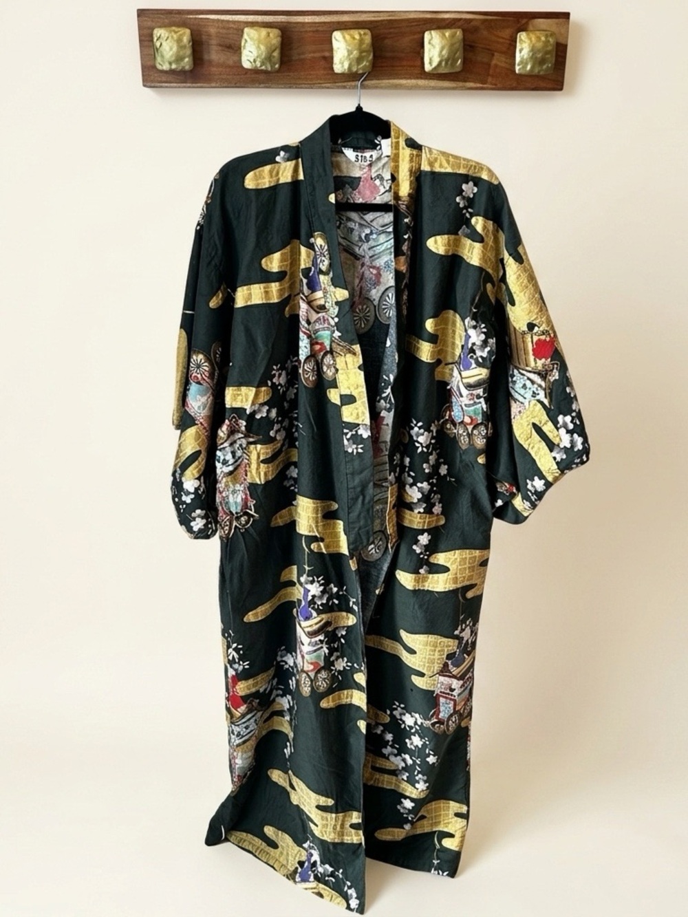 Japanese-made Cotton Kimono Robe Art-Print Cart Dark Green and Gold Motif - Picture 2 of 9